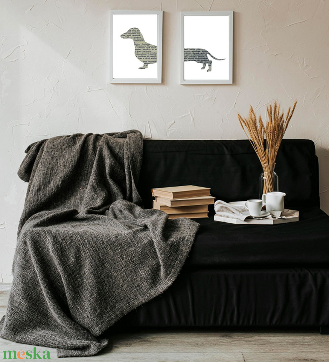 Kutya sziluett könyvlapokon, 2db kép együtt, képkerettel az árban, tacsi, tacskó - otthon & életmód - dekoráció - kép & falikép - több részes kép - Meska.hu