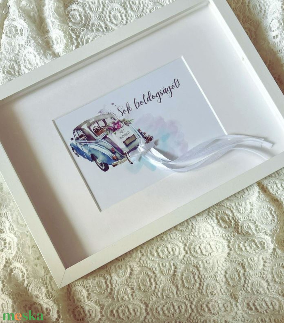 Fehér autó autós nászajándék, pénzátadó mély 3D képkeret szalag bogár vízfesték, just married - esküvő - emlék & ajándék - nászajándék - esküvői pénzátadó képkeret - Meska.hu