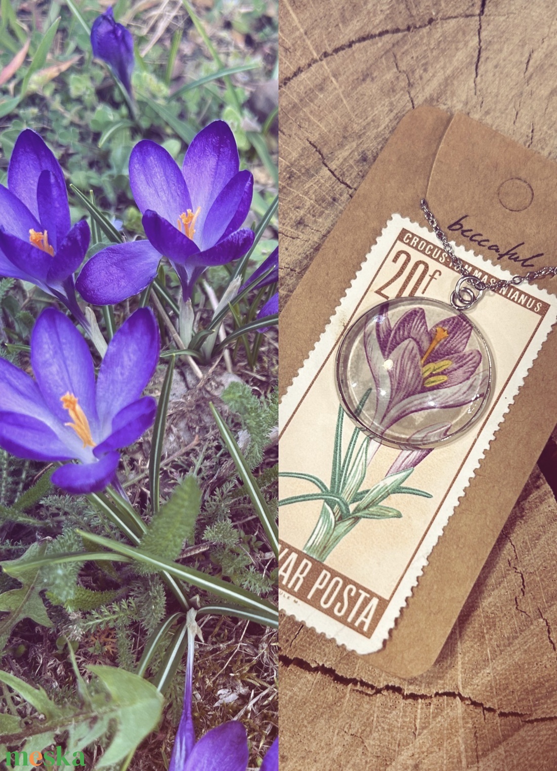Régi vintage bélyeg nyaklánc virág virágos lila krókusz - ékszer - nyaklánc - medálos nyaklánc - Meska.hu
