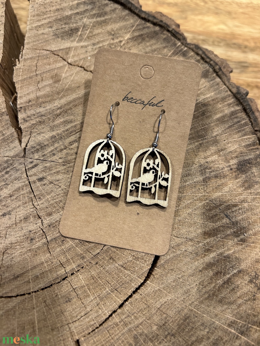 Madárkalitka fa fülbevaló minimalista - ékszer - fülbevaló - lógó fülbevaló - Meska.hu