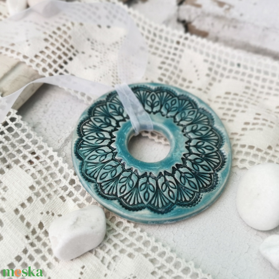 MANDALA kerámia dekoráció türkiz színben - karácsony - karácsonyi lakásdekoráció - karácsonyfadíszek - Meska.hu