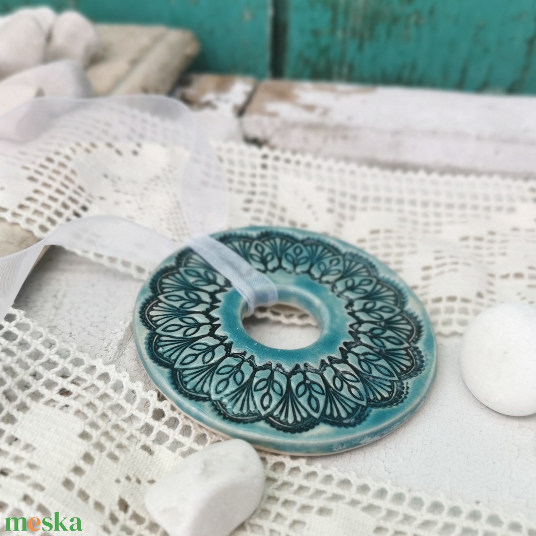 MANDALA kerámia dekoráció türkiz színben - karácsony - karácsonyi lakásdekoráció - karácsonyfadíszek - Meska.hu