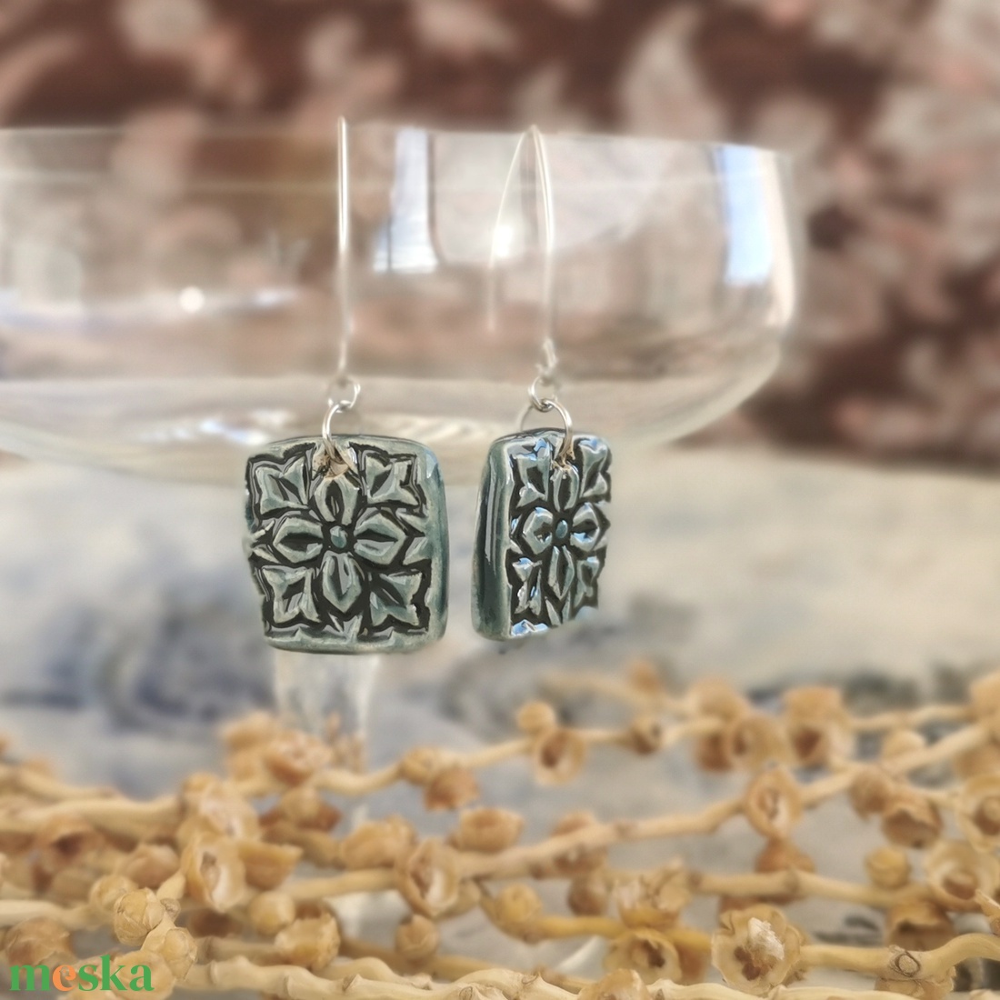 Rusztikus, kékeszöld, kézzek készített kerámia fülbevaló - ékszer - fülbevaló - lógó fülbevaló - Meska.hu