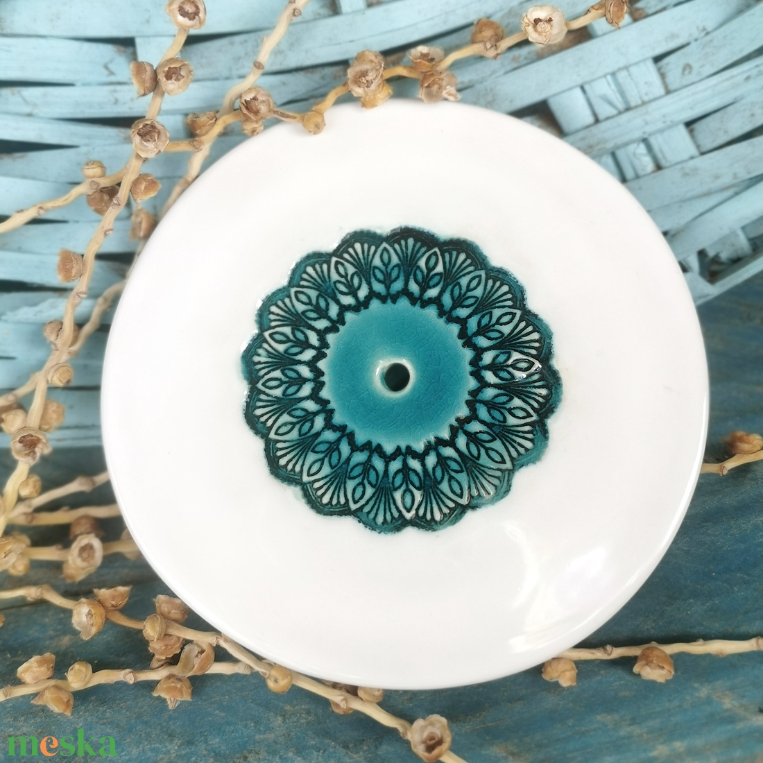 Mandala mintás kerámia szappantartó - türkiz/fehér - otthon & életmód - fürdőszoba - szappantartó - Meska.hu