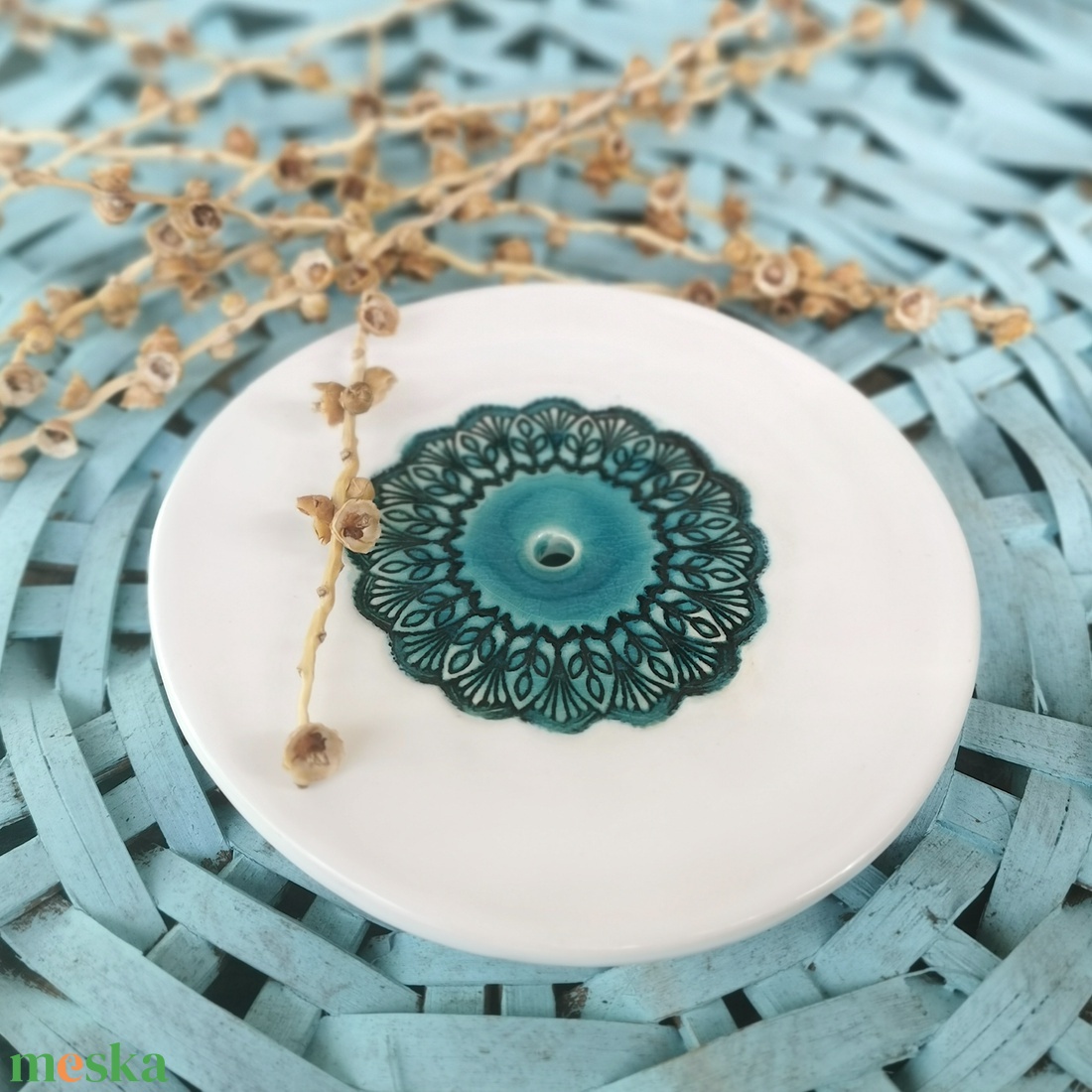 Mandala mintás kerámia szappantartó - türkiz/fehér - otthon & életmód - fürdőszoba - szappantartó - Meska.hu