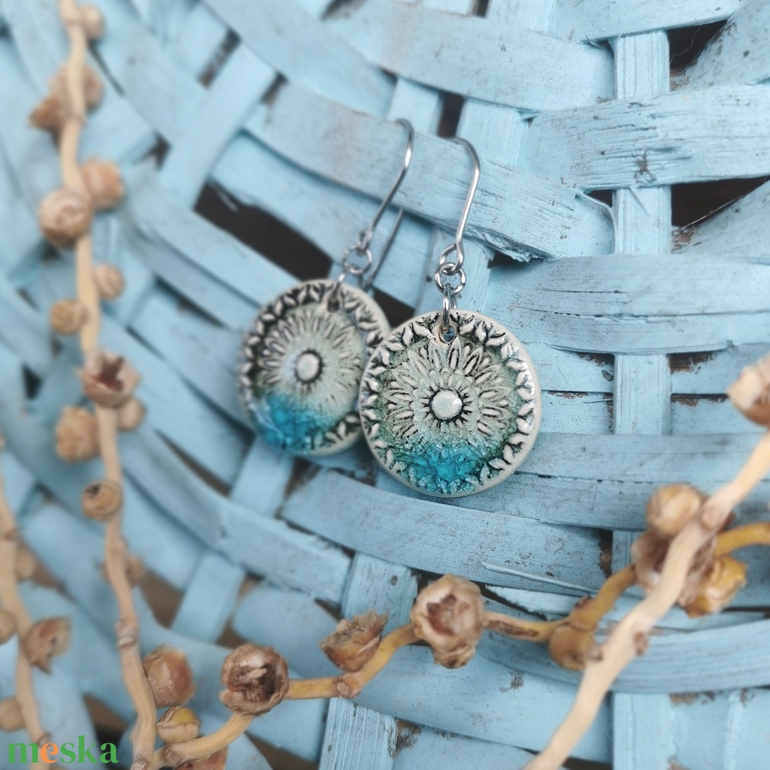 Rusztikus handmade kerámia fülbevaló, mandala mintával - ékszer - fülbevaló - lógó fülbevaló - Meska.hu
