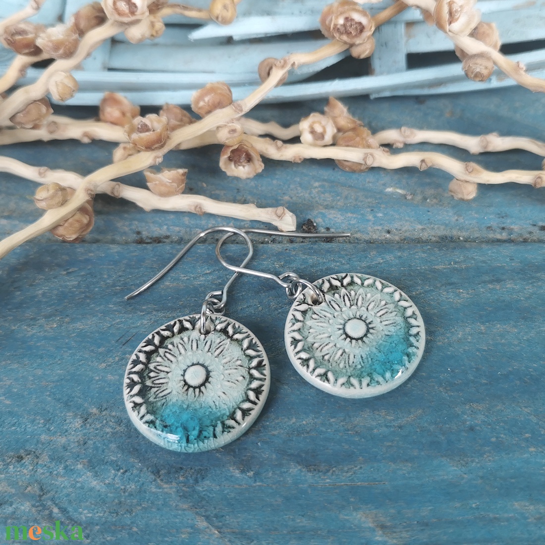 Rusztikus handmade kerámia fülbevaló, mandala mintával - ékszer - fülbevaló - lógó fülbevaló - Meska.hu