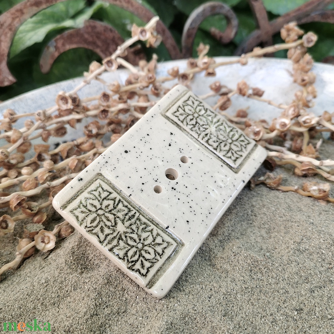 Kerámia szappantartó - Krém színű, apró pöttyökkel,rusztikus mintával - otthon & életmód - fürdőszoba - szappantartó - Meska.hu