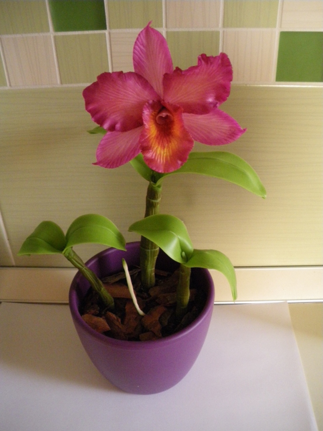 cattleya orchidea agyagból, 1 virággal - rózsaszín -  - Meska.hu