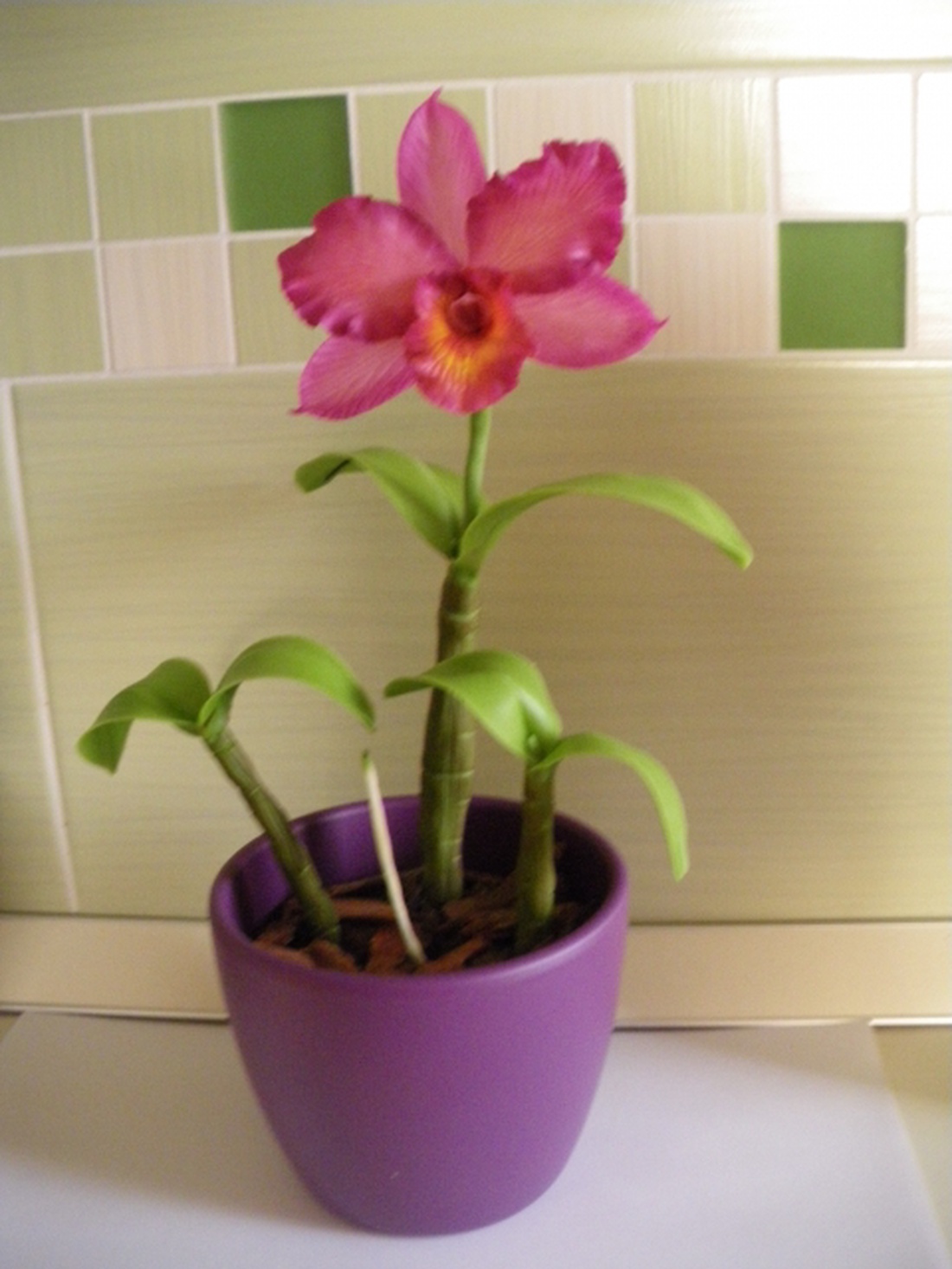 cattleya orchidea agyagból, 1 virággal - rózsaszín -  - Meska.hu