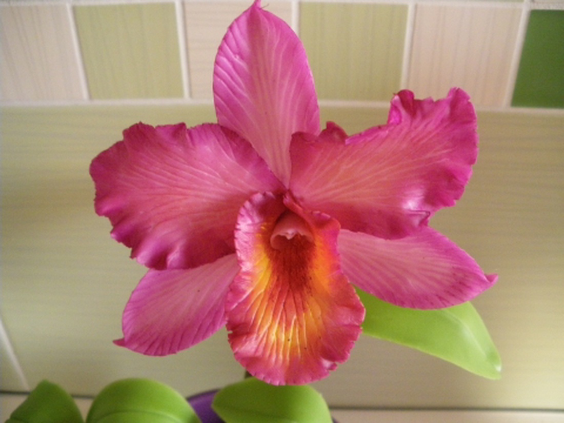cattleya orchidea agyagból, 1 virággal - rózsaszín -  - Meska.hu