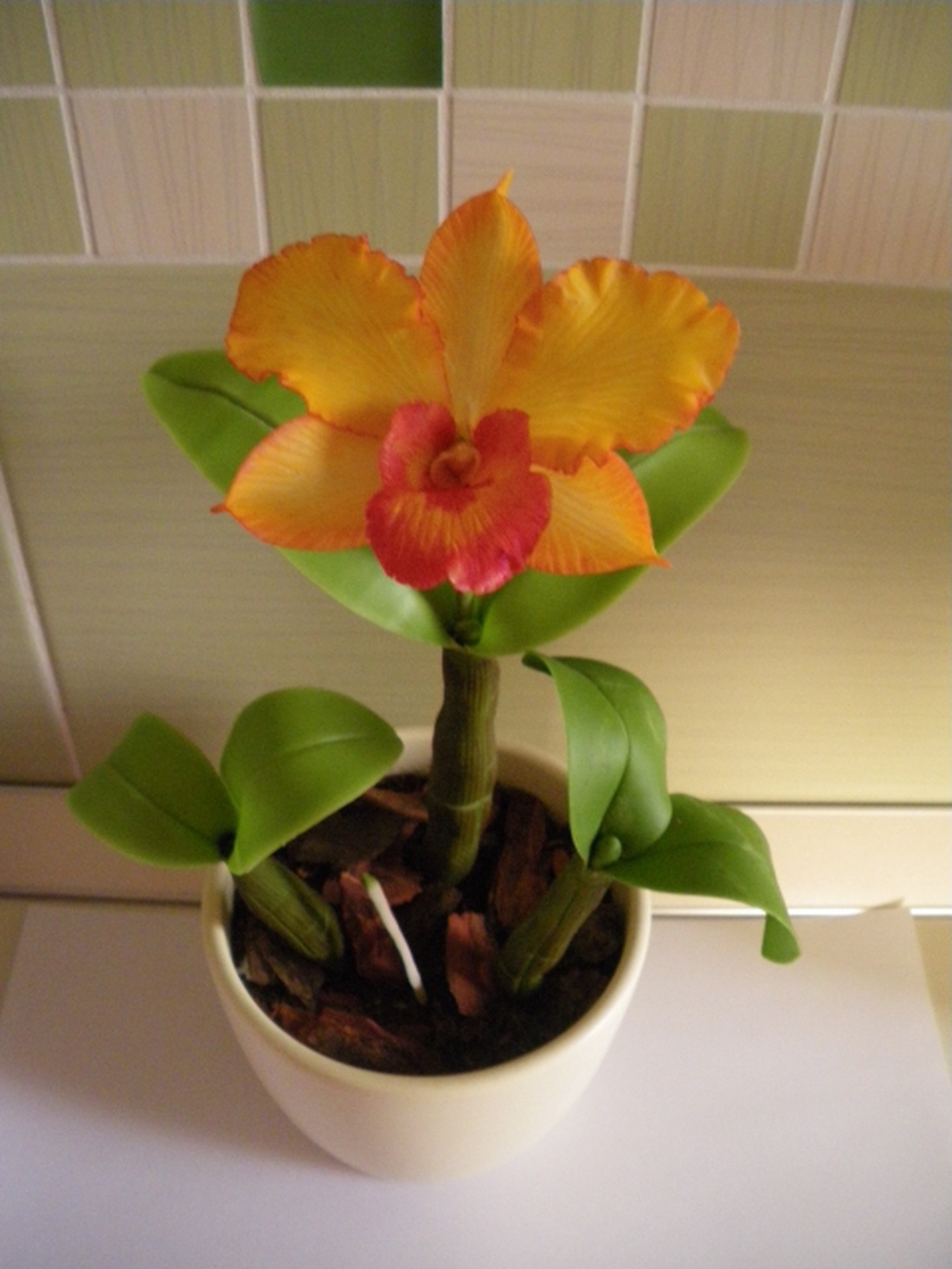 cattleya orchidea agyagból, 1 virággal - narancssárga -  - Meska.hu