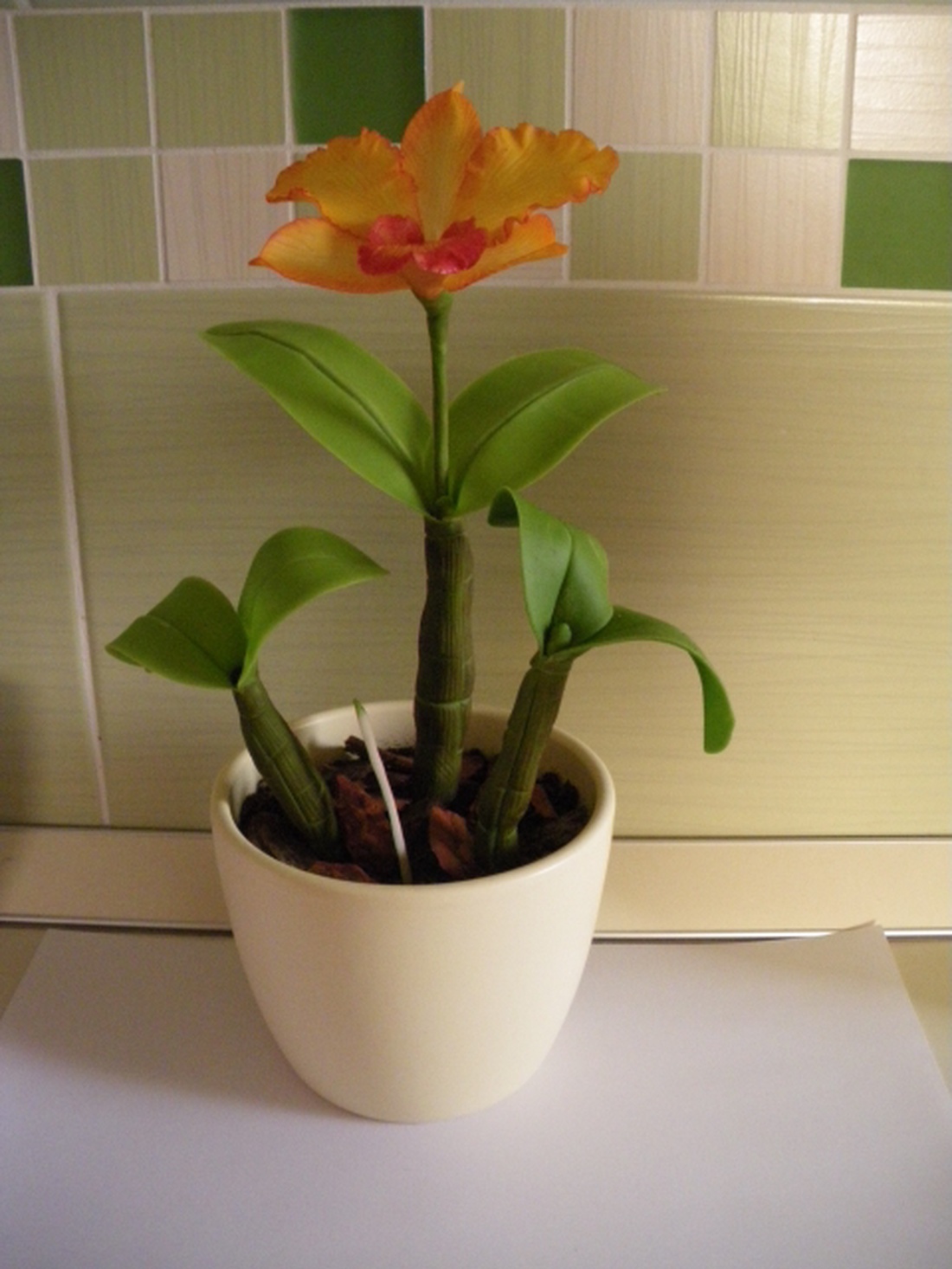 cattleya orchidea agyagból, 1 virággal - narancssárga -  - Meska.hu