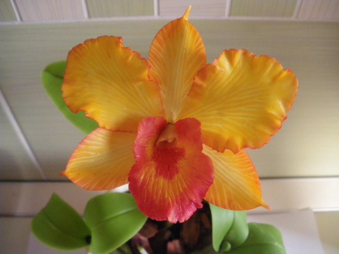 cattleya orchidea agyagból, 1 virággal - narancssárga -  - Meska.hu
