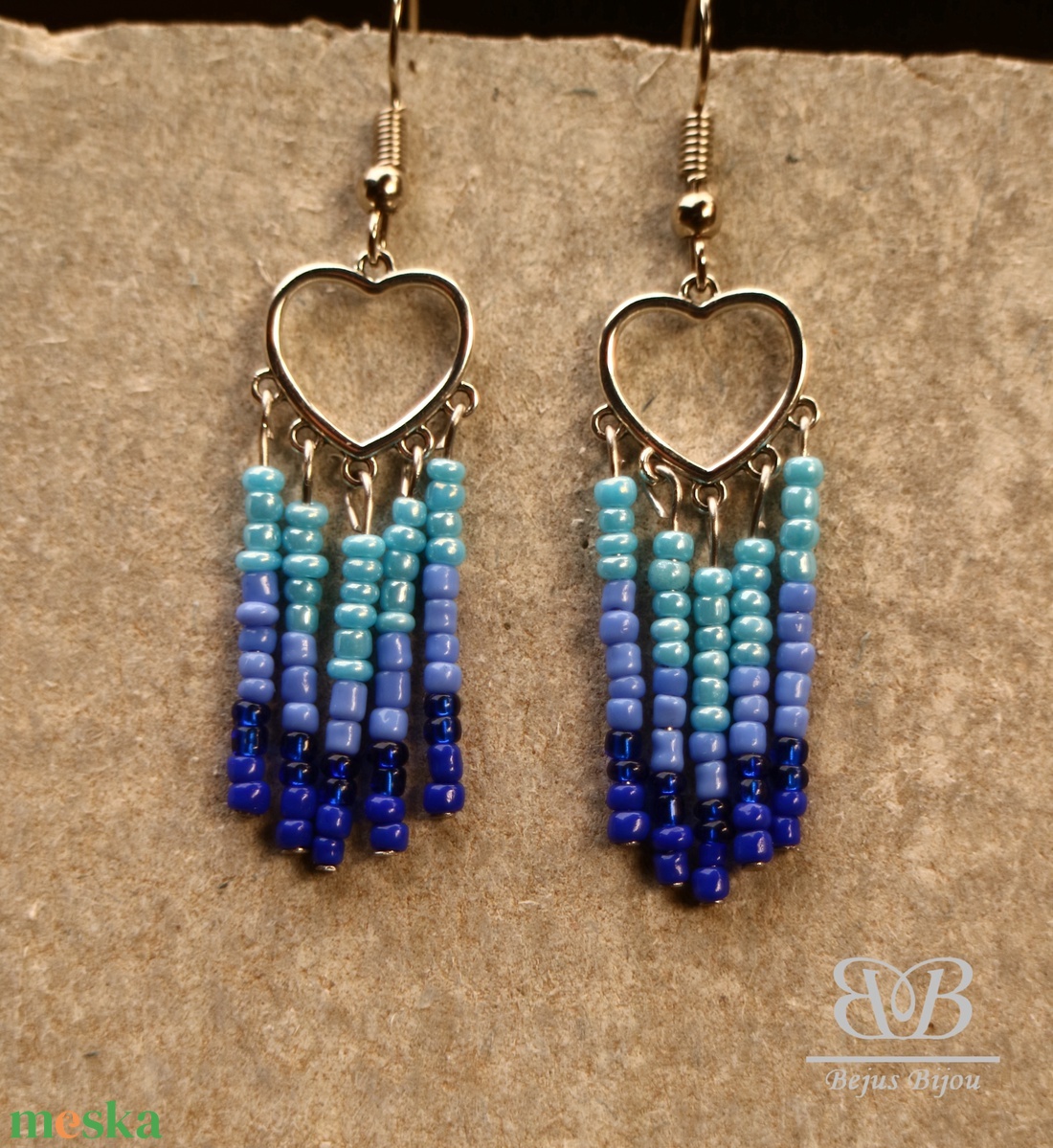 Bohó fülbevaló - kék szív - ékszer - fülbevaló - lógó fülbevaló - Meska.hu