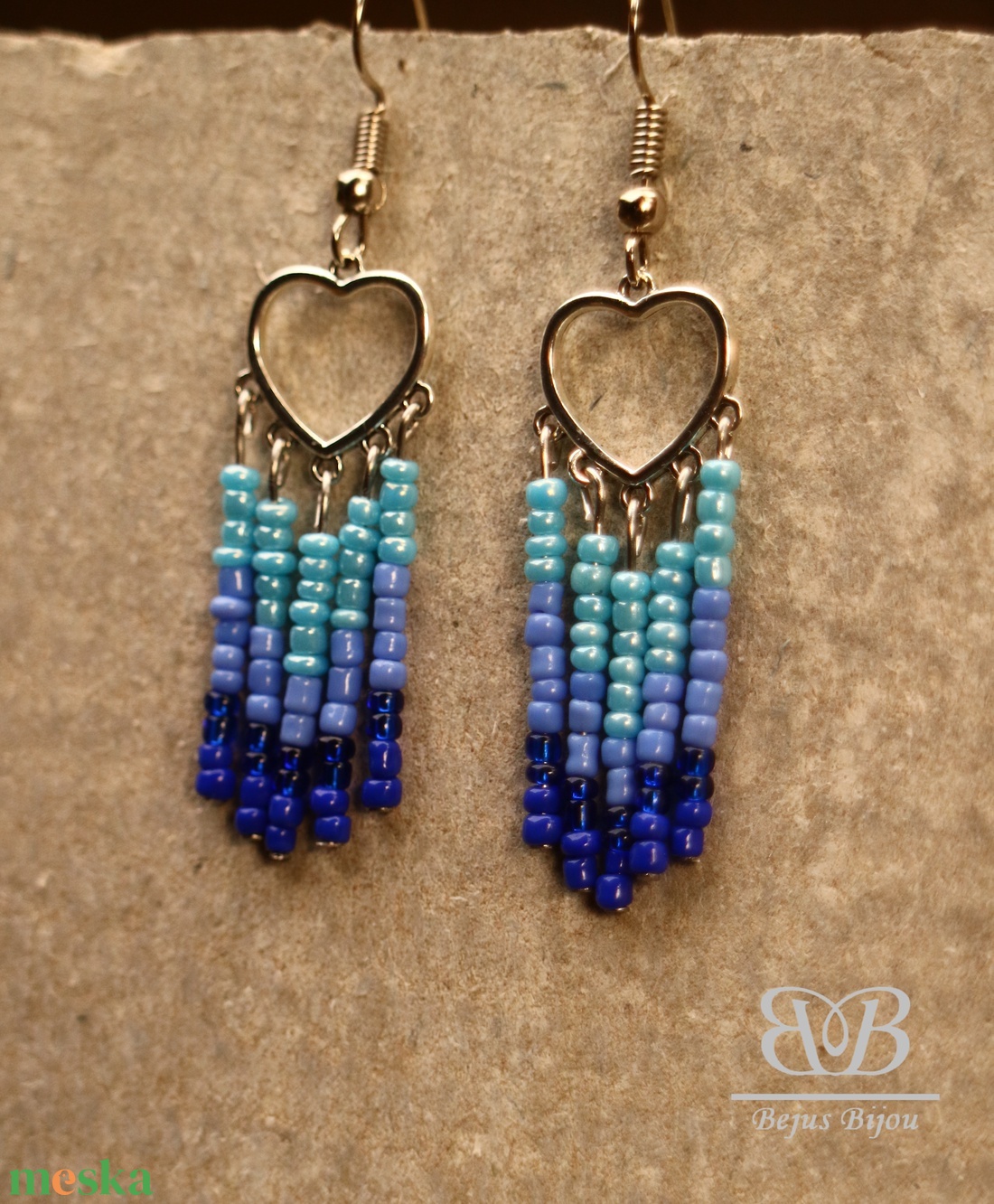 Bohó fülbevaló - kék szív - ékszer - fülbevaló - lógó fülbevaló - Meska.hu