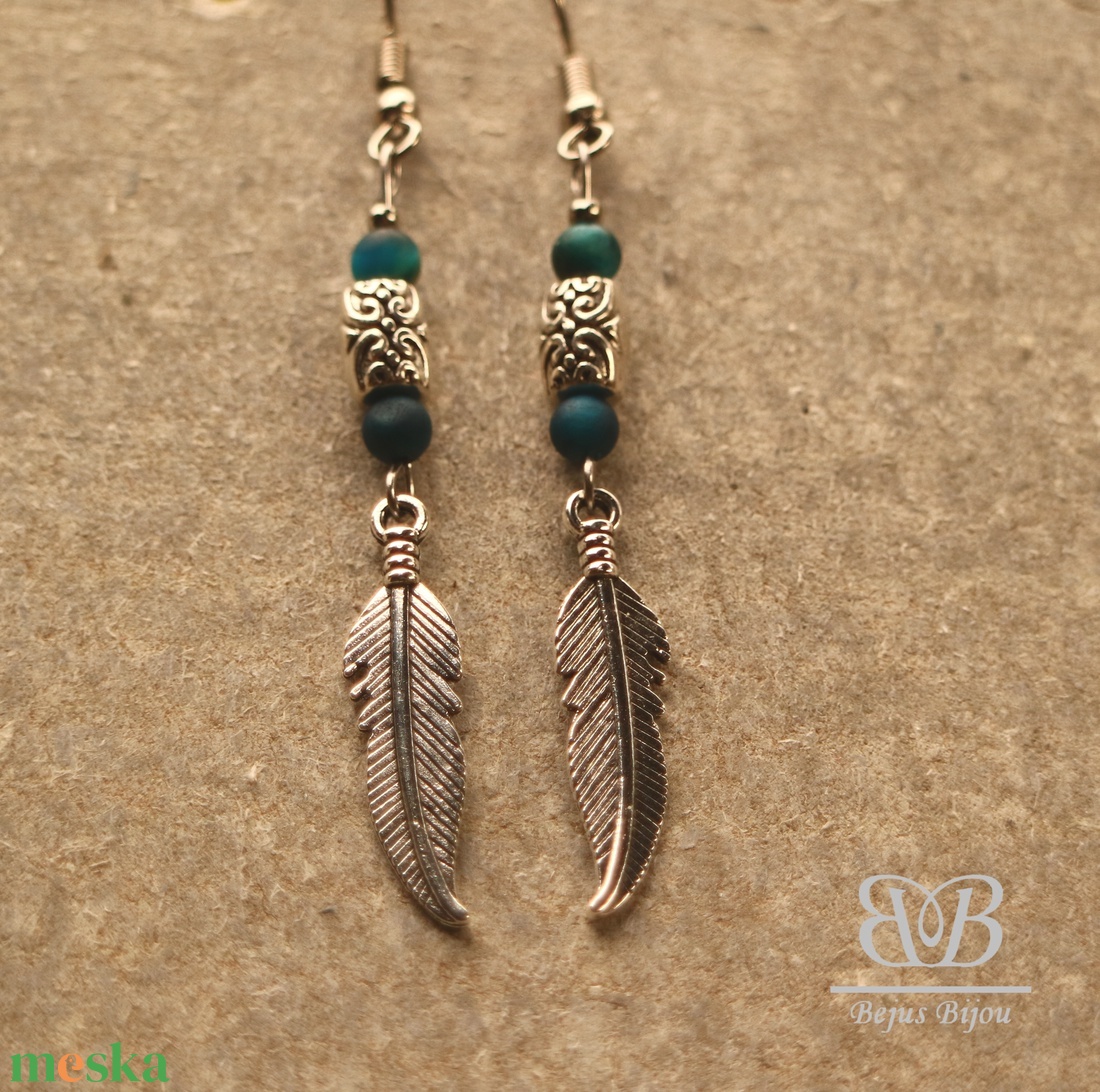  Madártoll fülbevaló - kék tigrisszem - ékszer - fülbevaló - lógó fülbevaló - Meska.hu