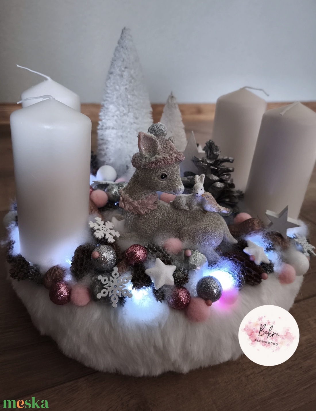 Rózsaszín Őzes adventi koszorú  - karácsony - adventi díszek - adventi koszorú - Meska.hu