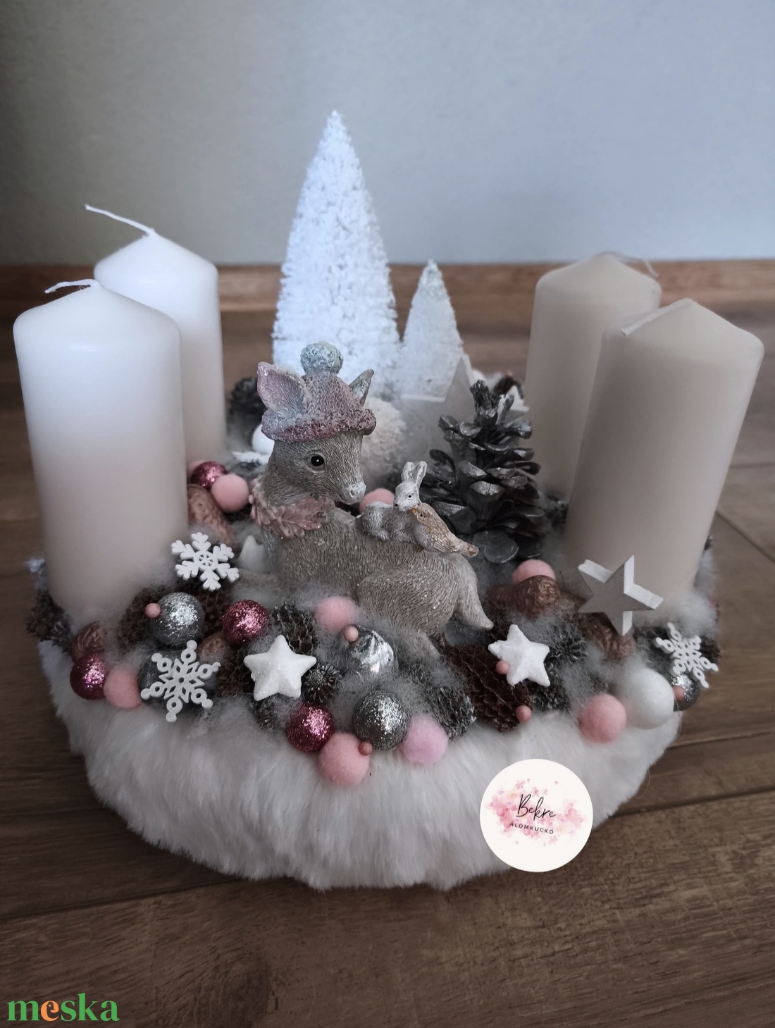 Rózsaszín Őzes adventi koszorú  - karácsony - adventi díszek - adventi koszorú - Meska.hu