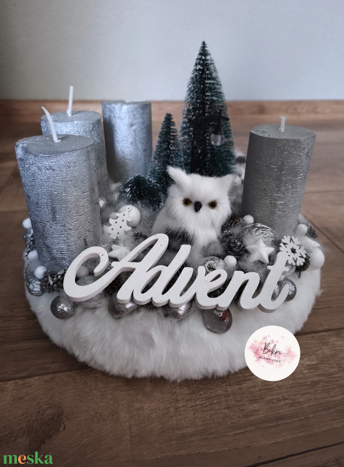 Baglyos ezüst adventi koszorú  - karácsony - adventi díszek - adventi koszorú - Meska.hu