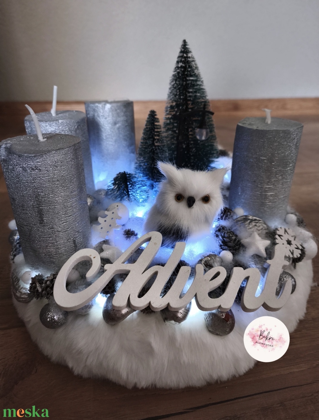Baglyos ezüst adventi koszorú  - karácsony - adventi díszek - adventi koszorú - Meska.hu