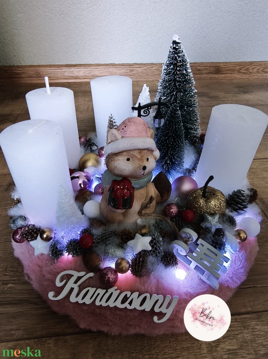 Rózsaszín rókás adventi koszorú  - karácsony - adventi díszek - adventi koszorú - Meska.hu