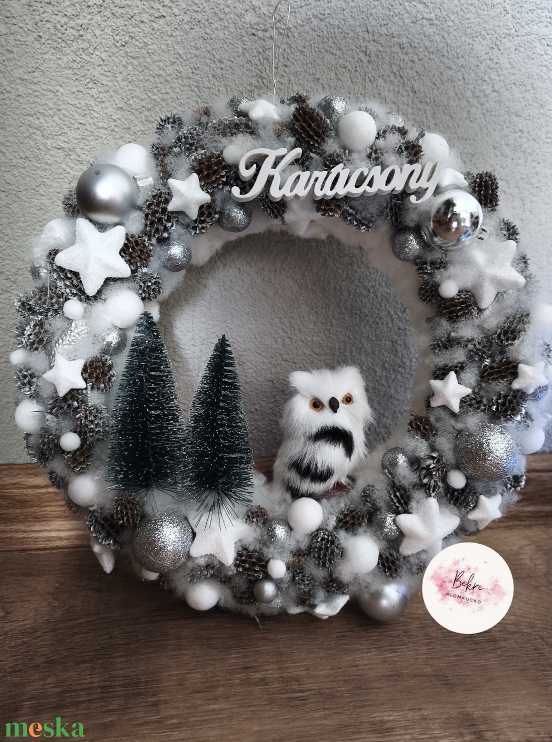 Ezüst baglyos karácsonyi kopogtató  - karácsony - adventi díszek - adventi ajtódísz - Meska.hu