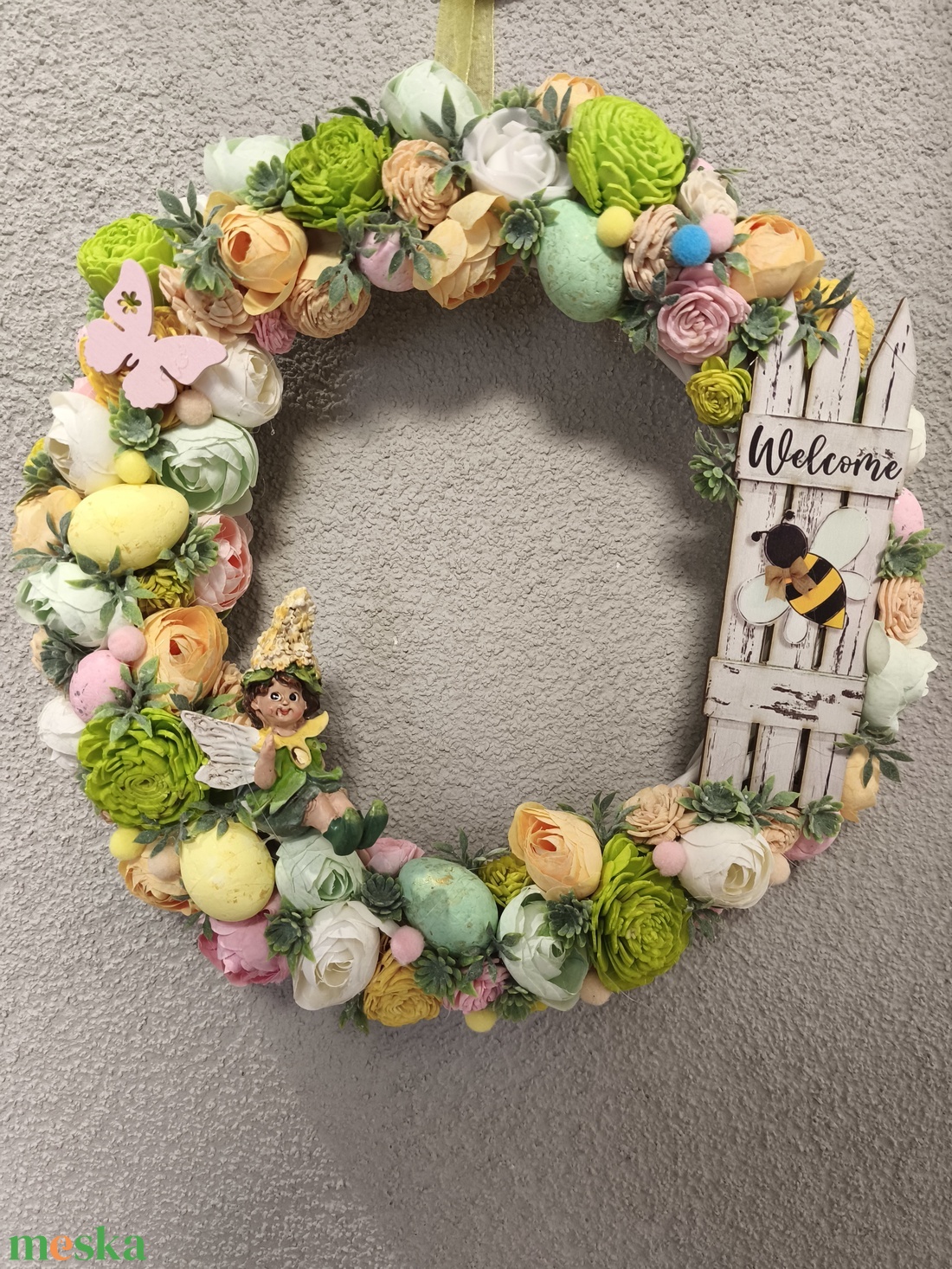 Tavasztündér kopogtató - sárga  - ünnepi díszek, dekorációk - húsvéti díszek és dekorációk - húsvéti ajtódísz, kopogtató - Meska.hu