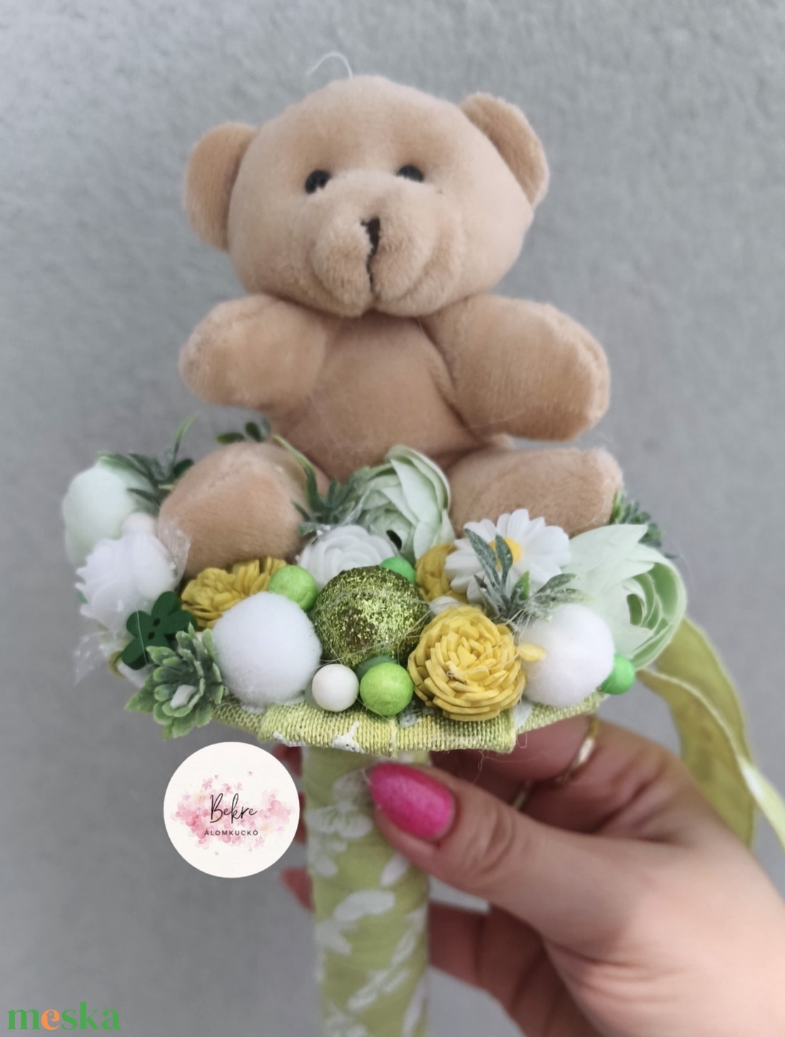 Ballagási örökcsokor - zöld macis - otthon & életmód - virágdekoráció - virágok - virágcsokor - Meska.hu