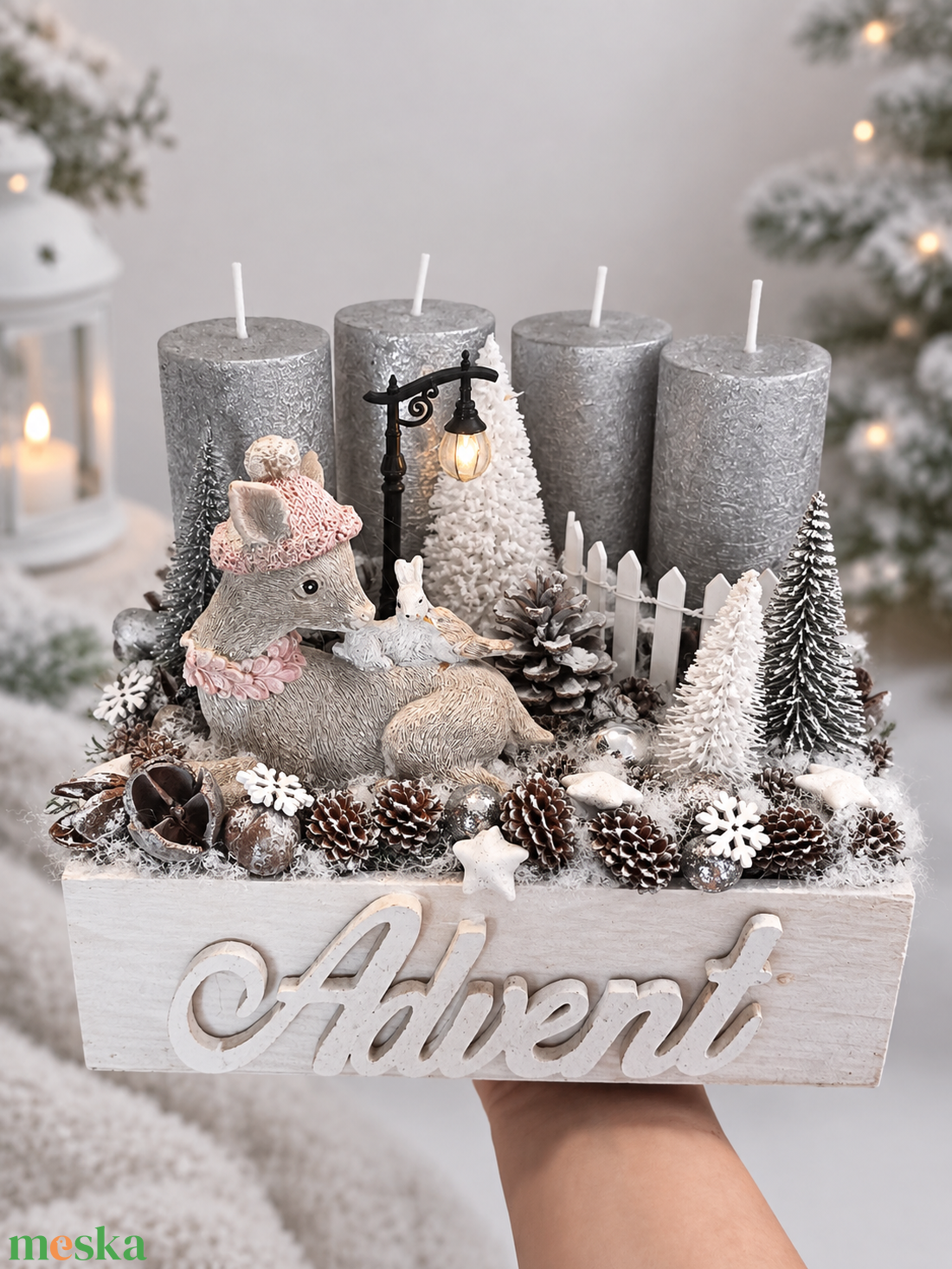 Ezüst szarvasos adventi box  - karácsony - adventi díszek - adventi gyertyadíszek és koszorúdíszek - Meska.hu