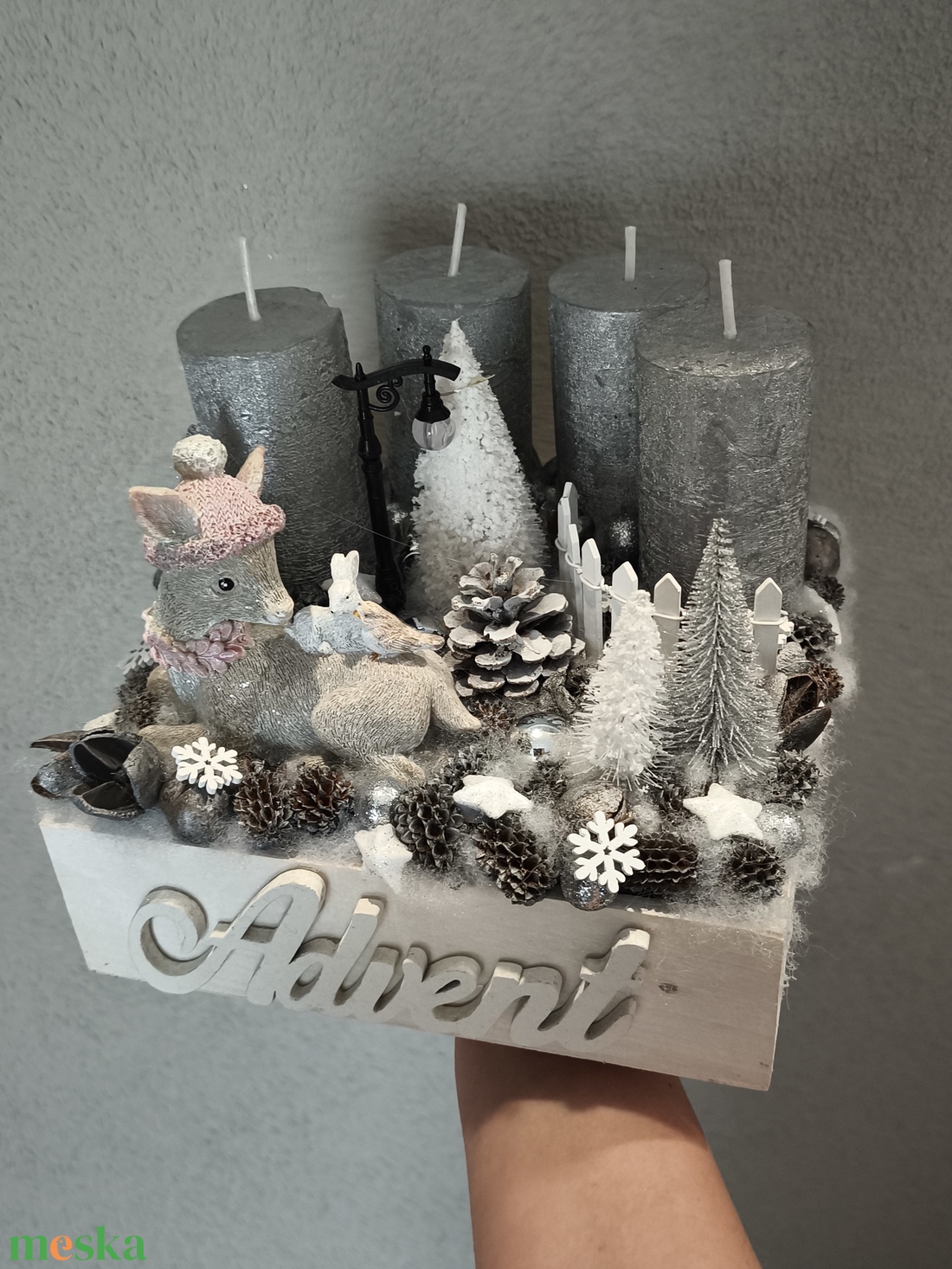 Ezüst szarvasos adventi box  - karácsony - adventi díszek - adventi gyertyadíszek és koszorúdíszek - Meska.hu
