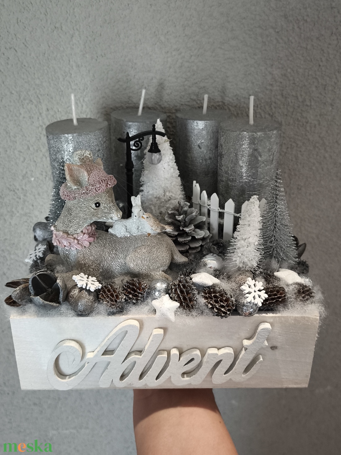 Ezüst szarvasos adventi box  - karácsony - adventi díszek - adventi gyertyadíszek és koszorúdíszek - Meska.hu