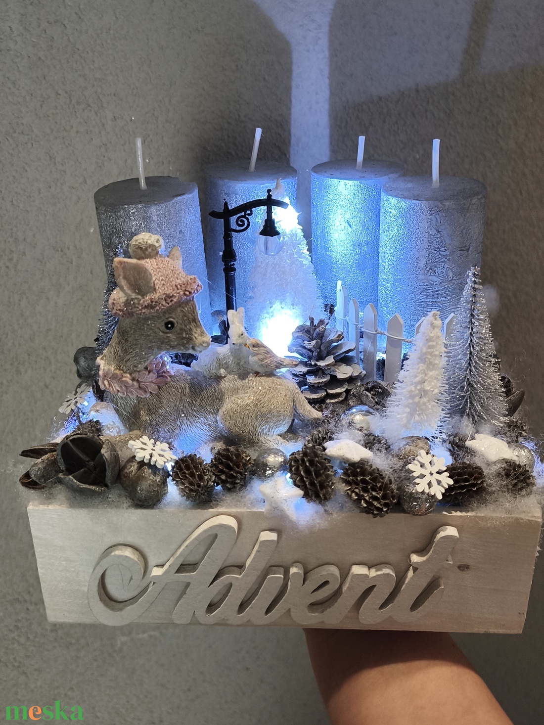 Ezüst szarvasos adventi box  - karácsony - adventi díszek - adventi gyertyadíszek és koszorúdíszek - Meska.hu