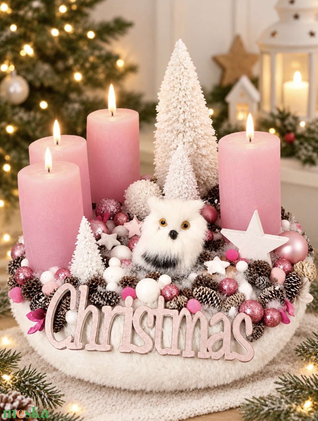 Rózsaszín baglyos adventi koszorú  - karácsony - adventi díszek - adventi koszorú - Meska.hu