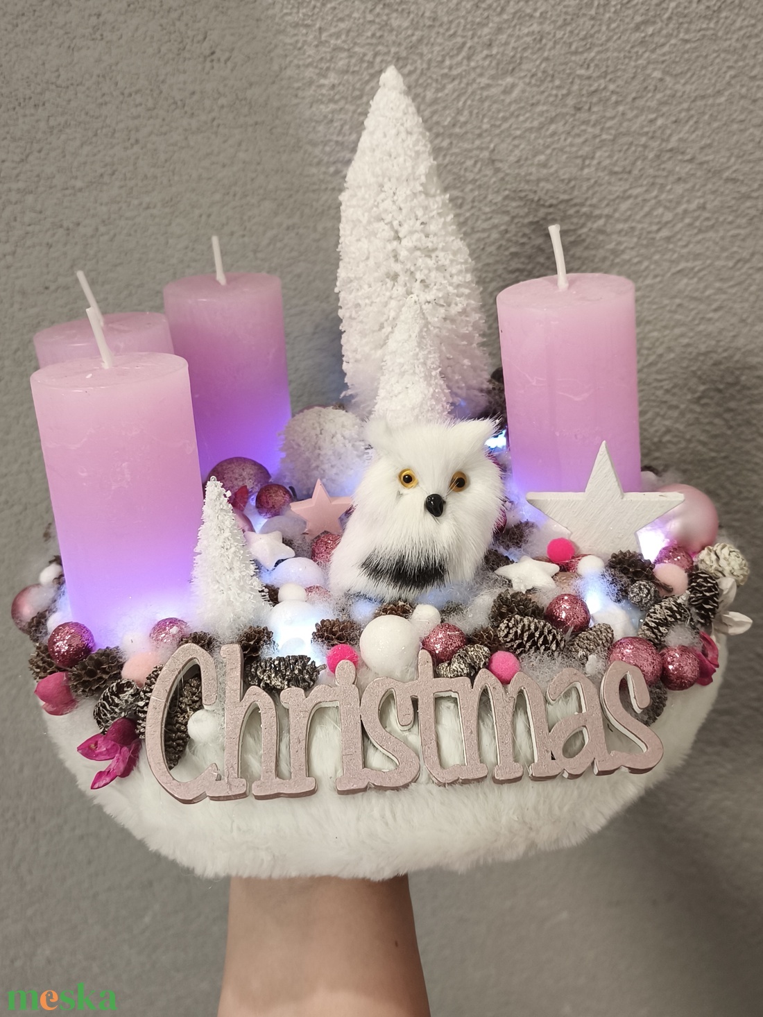 Rózsaszín baglyos adventi koszorú  - karácsony - adventi díszek - adventi koszorú - Meska.hu