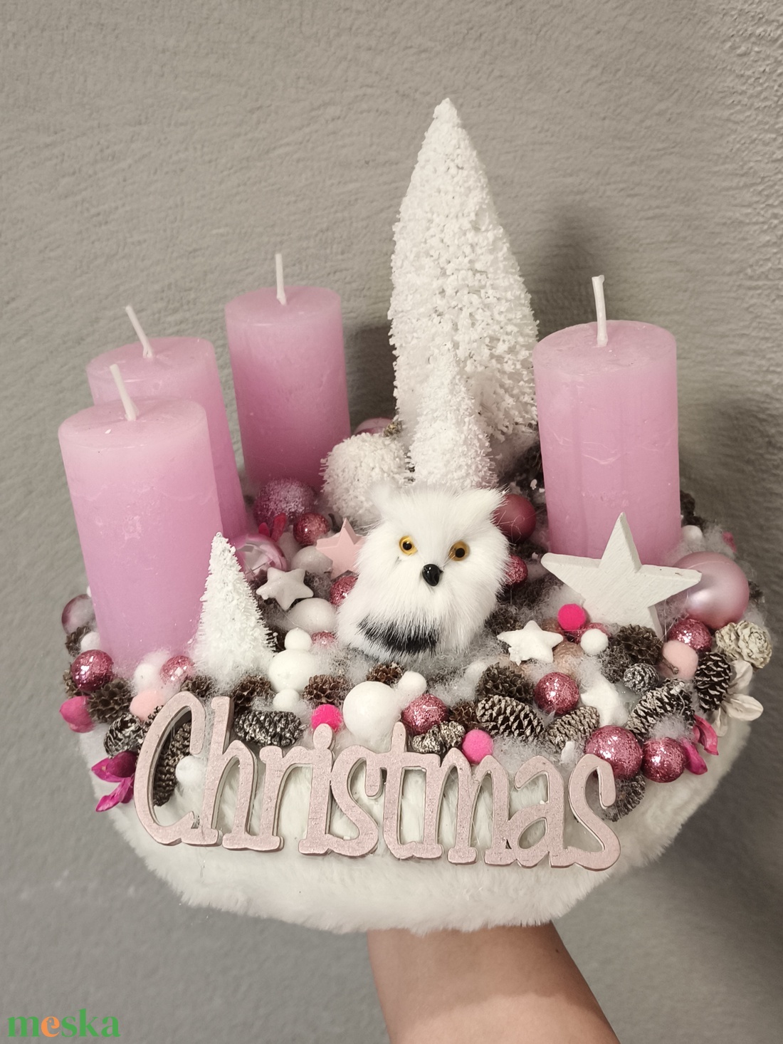 Rózsaszín baglyos adventi koszorú  - karácsony - adventi díszek - adventi koszorú - Meska.hu