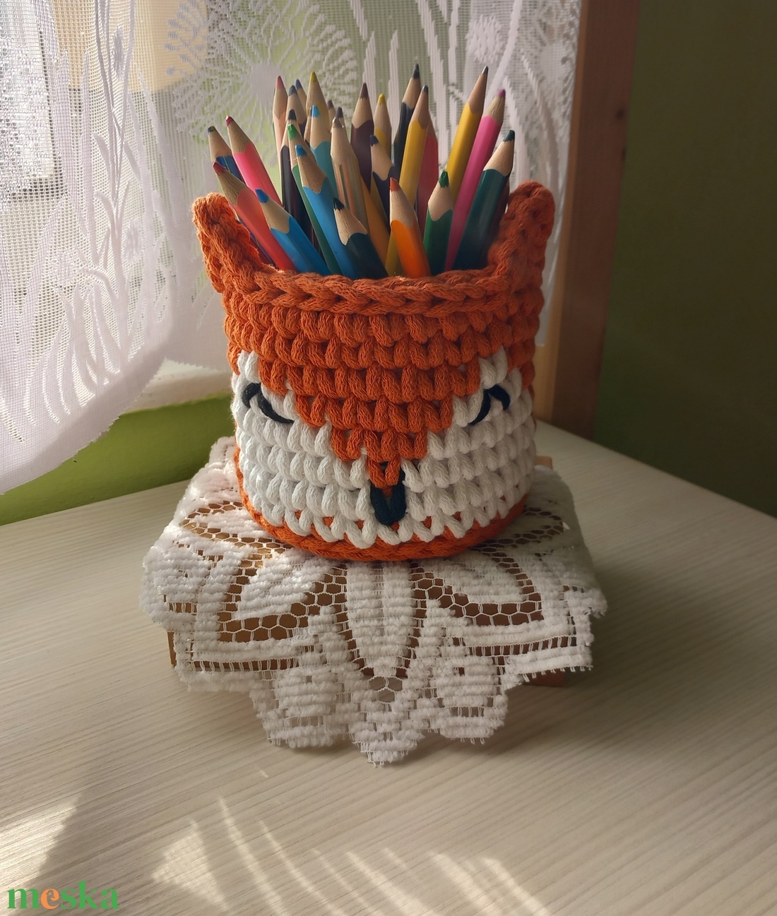 Horgolt rókás ceruzatartó/ tároló  - otthon & életmód - babaszoba, gyerekszoba - játéktároló - Meska.hu