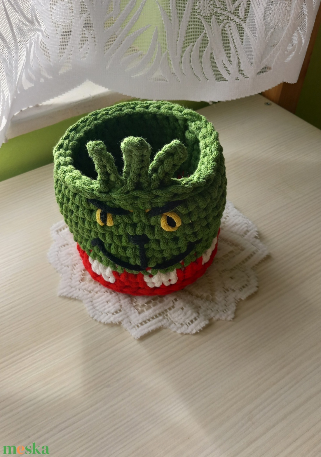 Horgolt grincs tároló/ceruzatartó - otthon & életmód - tárolás & rendszerezés - íróasztali tároló - Meska.hu