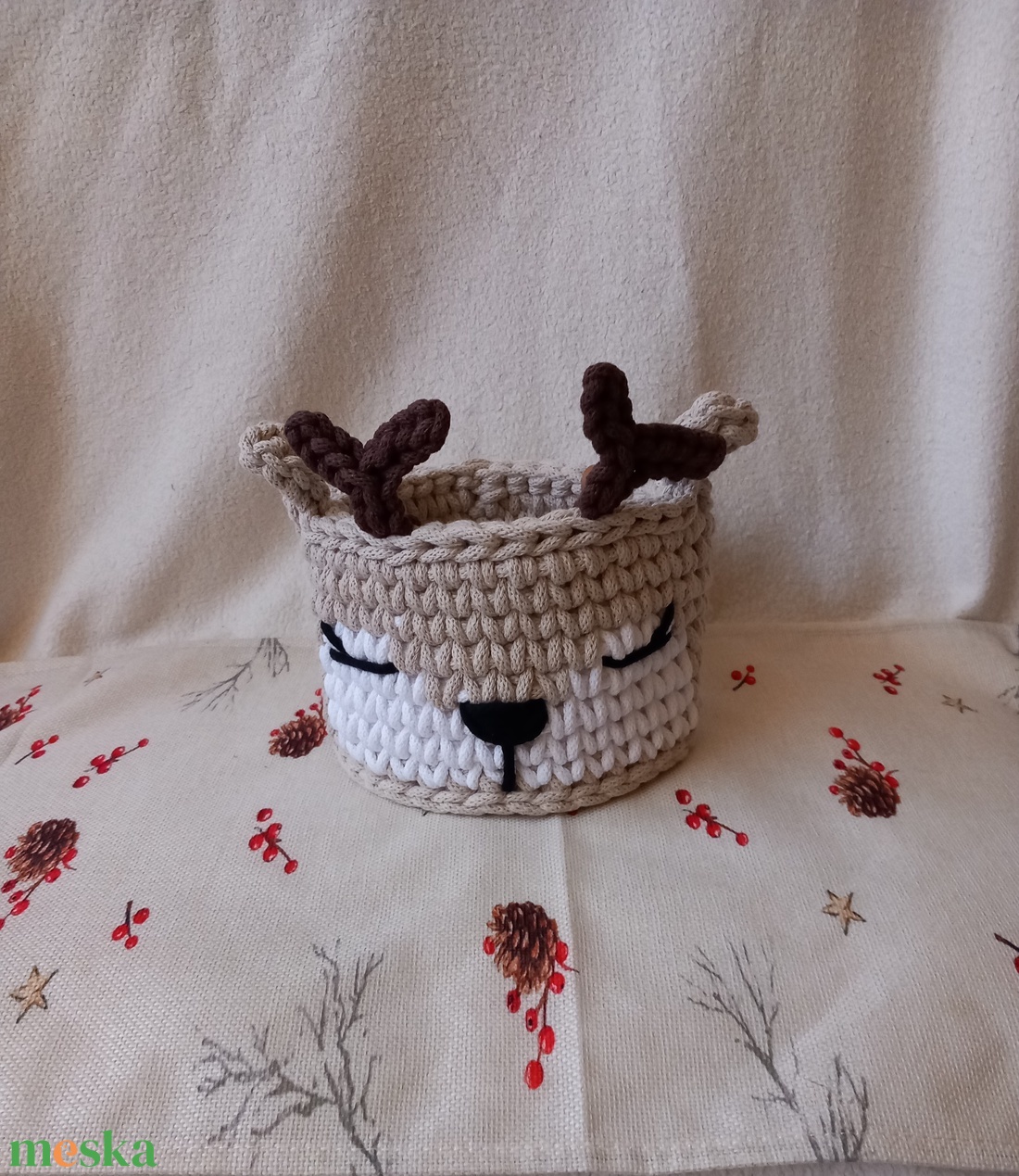 Horgolt rénszarvas tároló - otthon & életmód - babaszoba, gyerekszoba - játéktároló - Meska.hu