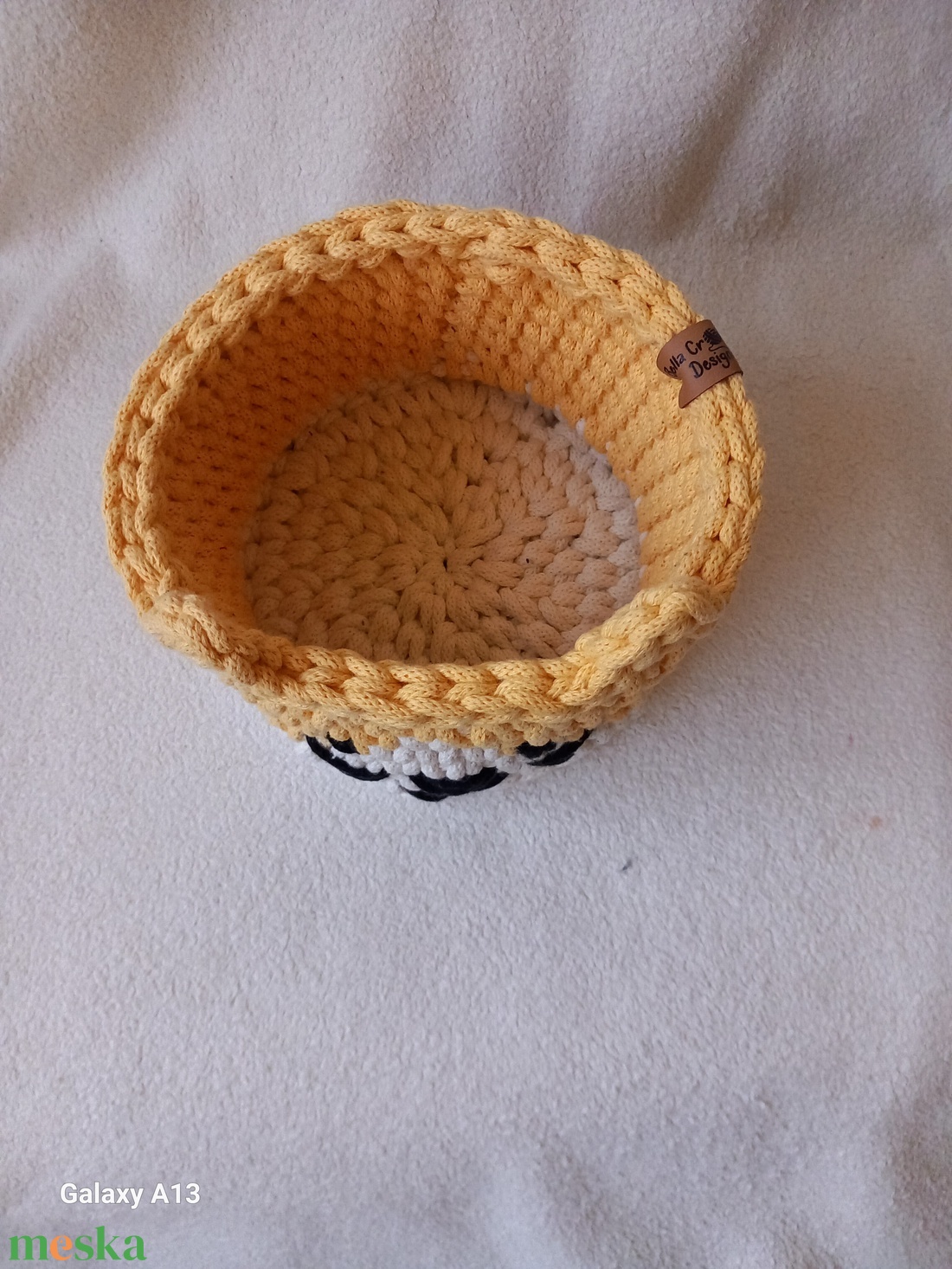 Horgolt sárga cica tároló  - otthon & életmód - tárolás & rendszerezés - tárolókosár - Meska.hu