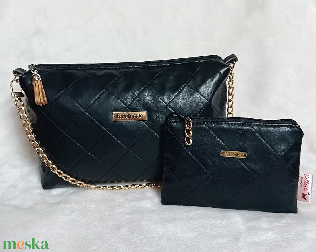 Fekete női válltáska és pénztárca szett, lakk hatású steppelt mintával 23x15 cm  - táska & tok - kézitáska & válltáska - válltáska - Meska.hu