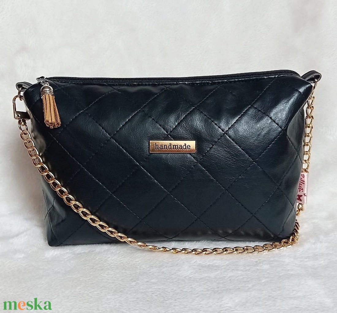 Fekete női válltáska és pénztárca szett, lakk hatású steppelt mintával 23x15 cm  - táska & tok - kézitáska & válltáska - válltáska - Meska.hu