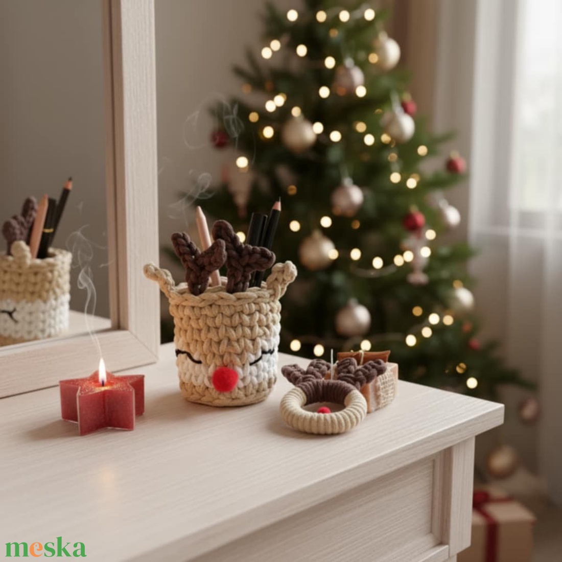 Rénszarvas karácsonyi ajándékszett, drapp/piros - otthon & életmód - tárolás & rendszerezés - tárolókosár - Meska.hu