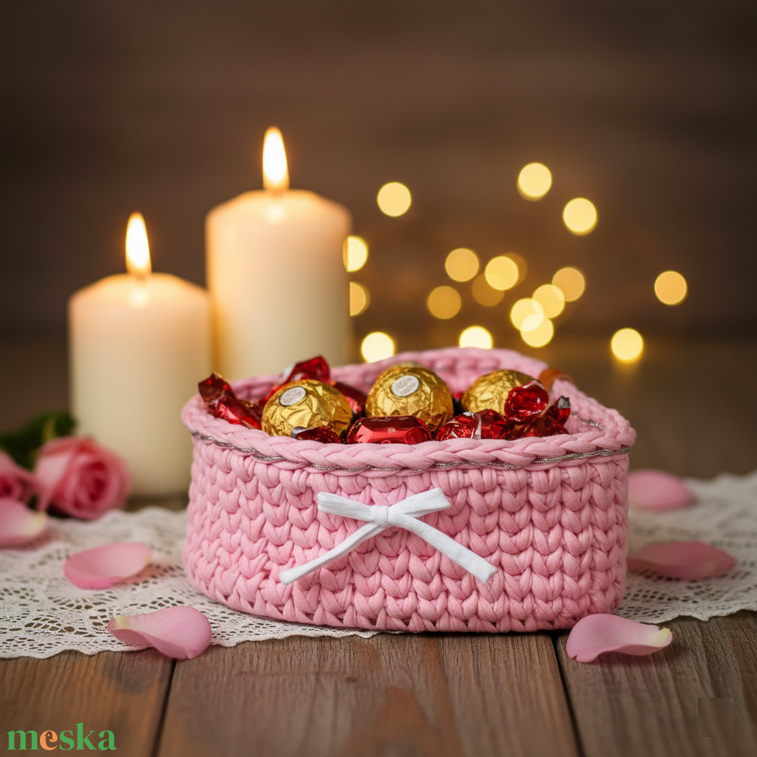 Horgolt szív alakú kosár - rózsaszínű - otthon & életmód - tárolás & rendszerezés - tárolókosár - Meska.hu