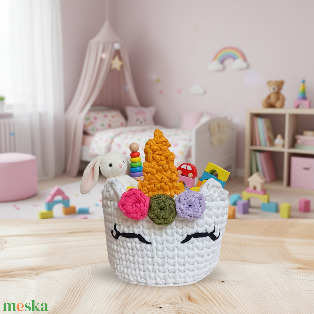 Horgolt kosár Unikornis - pink virággal - otthon & életmód - babaszoba, gyerekszoba - játéktároló - Meska.hu