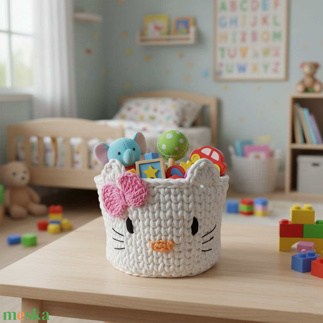 Horgolt kosár Hello Kitty - fehér - otthon & életmód - babaszoba, gyerekszoba - játéktároló - Meska.hu