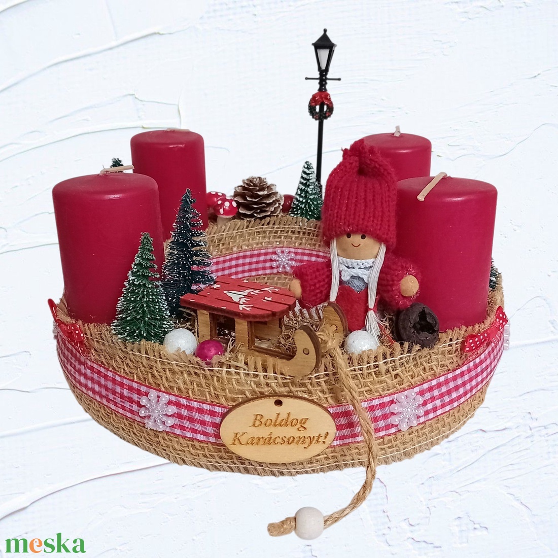 Adventi, karácsonyi koszorú, asztaldísz - kislánnyal, bordó - karácsony - adventi díszek - adventi koszorú - Meska.hu