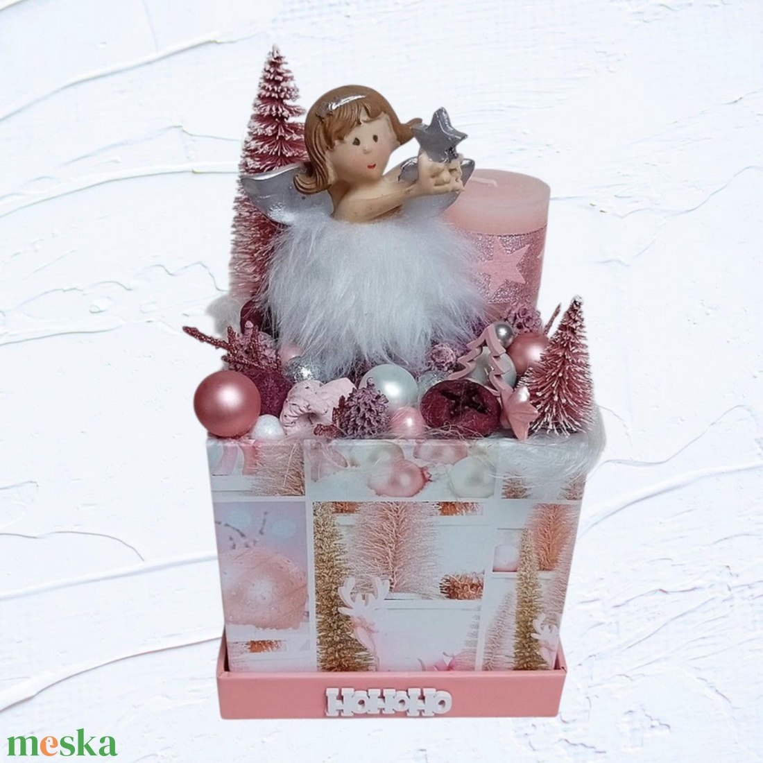 Karácsonyi box, asztaldísz - Angyalka csillaggal/rózsaszín - karácsony - karácsonyi lakásdekoráció - ünnepi asztaldekoráció - Meska.hu