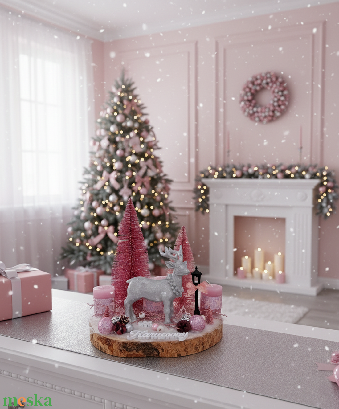 Karácsonyi, adventi asztaldísz szarvassal - pink, ezüst - karácsony - adventi díszek - adventi asztaldísz - Meska.hu