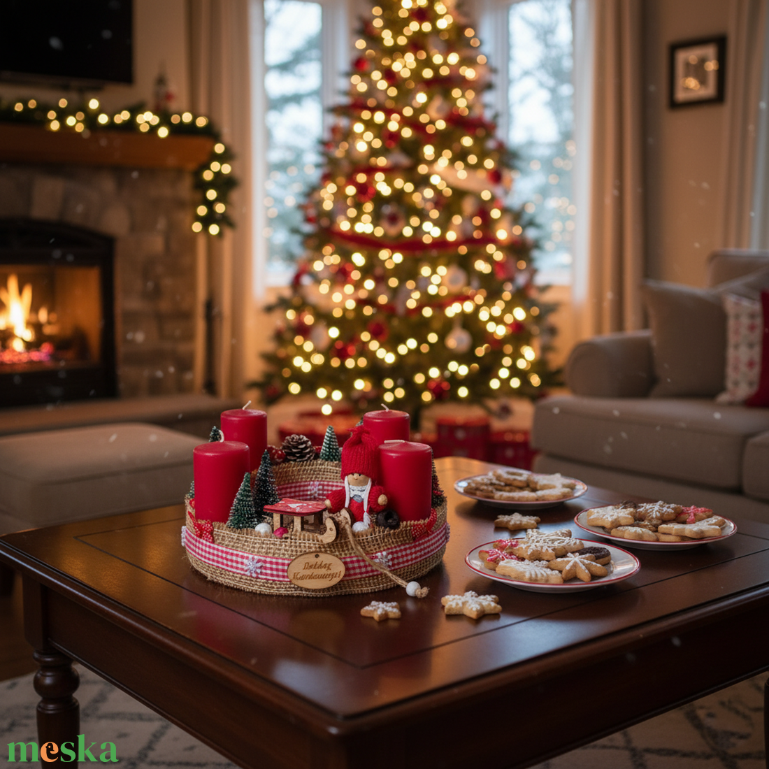 Adventi, karácsonyi koszorú, asztaldísz - kislánnyal, bordó - karácsony - adventi díszek - adventi koszorú - Meska.hu